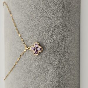 18K Gold Plated Stainless Steel Purple CZ Clover Pendant Necklace